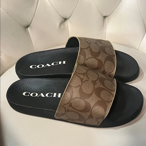 Coach Brown Logo Slide Sandals with Black Footbed - Picture 3 of 8